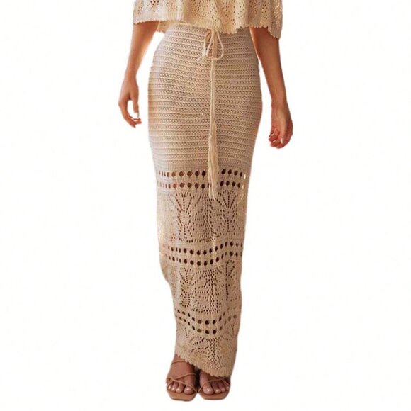 Apricot Elegant Women's Long Tube Top Short Sleeve Off Shoulder Knit Tie-Up - Picture 9 of 9